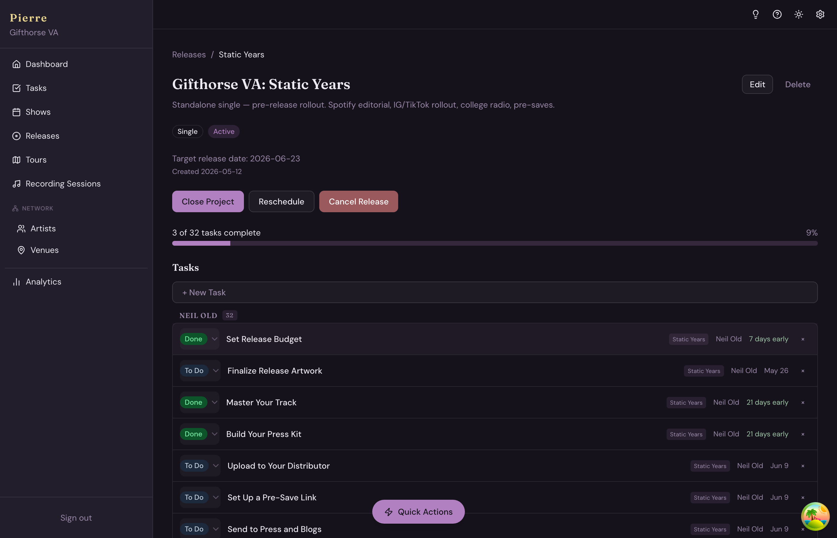 Pierre release roadmap: single release campaign with phase-based task list and progress bar
